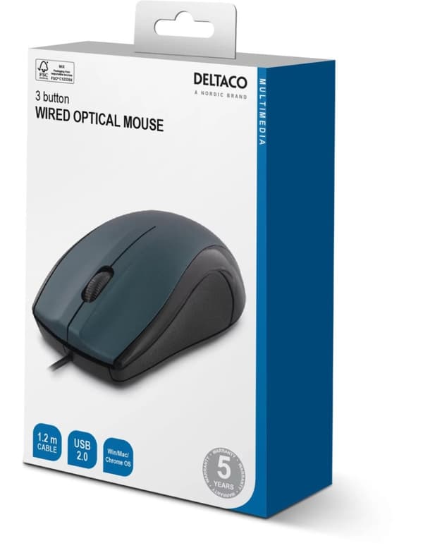 DELTACO kablet optisk mus, 3 knapper med scroll, 1200 DPI, blå