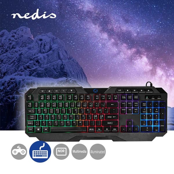 Nedis Pelinäppäimistö Langallinen | USB Type-A | Kalvonäppäiminä | LED | QWERTY | ND Näppäinasettelu | USB Virta | Virtakaapelin pituus: 1.30 m | Mult