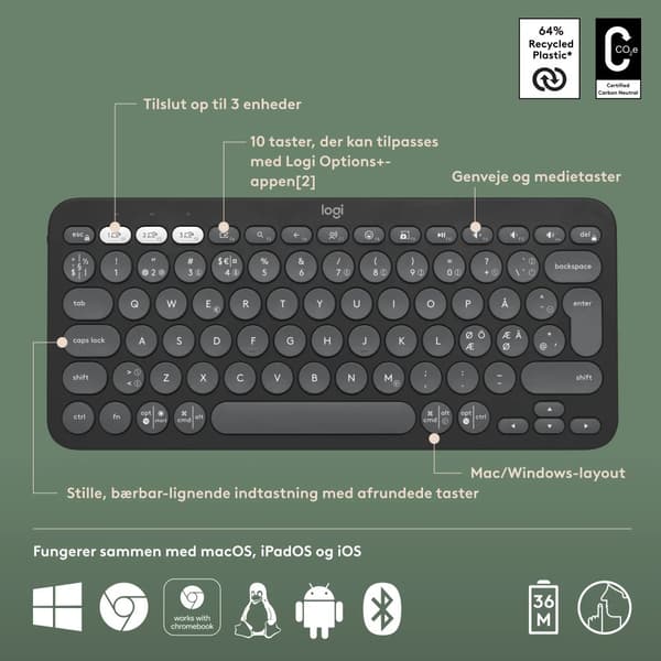 Logitech® | Pebble Keys 2 (K380s) - Tastatur - Bluetooth, 2,4 GHz - Nordisk layout - Tonal-Graphite