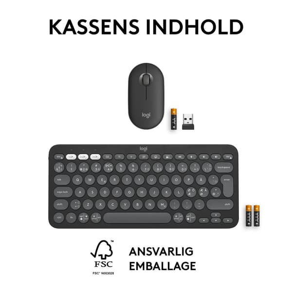 Logitech® | Pebble 2 Combo - Tangentbord och mus set - trådlöst - Bluetooth LE - Nordisk layout - Tonal-Graphite