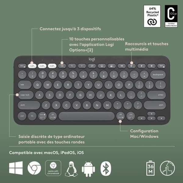 Tangentbord - Trådlöst - Logitech - Pebble Keys 2 K380s - Lättbyteknapp - Svart