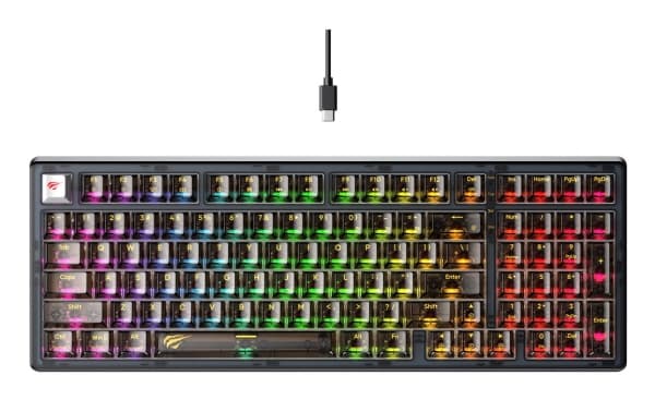 Havit KB875L, Koblet med ledninger (ikke trådløs), USB, Mekanisk nøkkelbryter, QWERTY, RGB LED, Sort