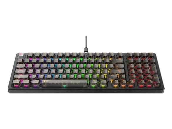Havit KB875L, Koblet med ledninger (ikke trådløs), USB, Mekanisk nøkkelbryter, QWERTY, RGB LED, Sort