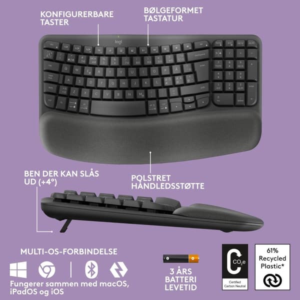 Logitech Ergo Series - Tastatur - med polstret håndleddstøtte - trådløs - Bluetooth LE - QWERTY - grafitt