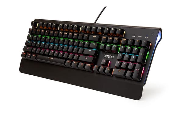 TASTATURA MECANICA SPACER USB, switch-uri mecanice albastre,iluminare RGB, 50 mil. apasari, 104 taste, anti-ghosting 26 taste, anti-spill, palm rest m