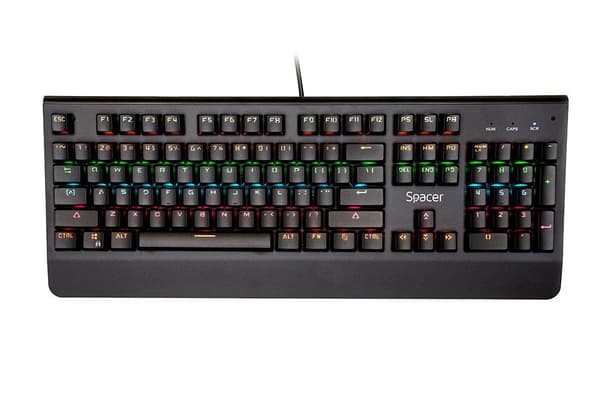 TASTATURA MECANICA SPACER USB, switch-uri mecanice albastre,iluminare RGB, 50 mil. apasari, 104 taste, anti-ghosting 26 taste, anti-spill, palm rest m Sort