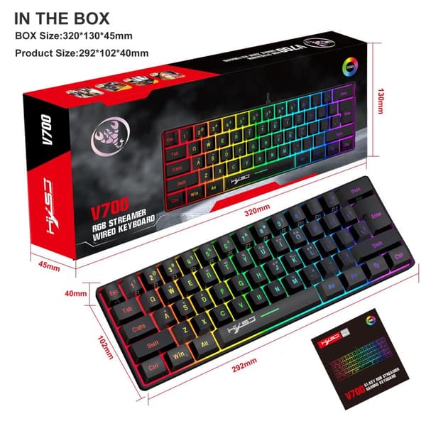 INF Bærbart kablet gaming-tastatur med RGB-baggrundsbelysning, 61 taster