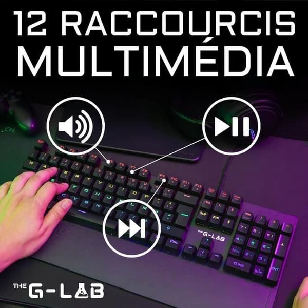 Mekaniskt speltangentbord - THE G-LAB - KEYZ -CARBON -EX/FR - Bakgrundsbelyst - Blå switch - Handledsstöd - FR
