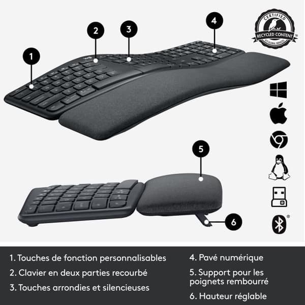 Ergonomiskt tangentbord - Trådlöst - Logitech - ERGO K860 - AZERTY - Svart
