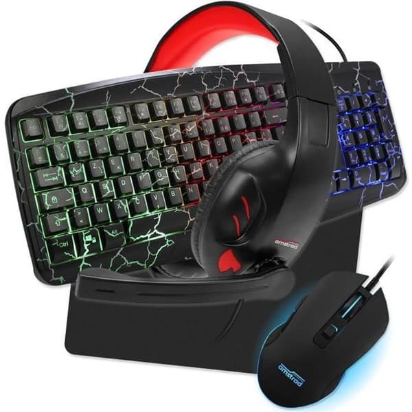 AMSTRAD WARRIORS Pro Gamer Pack 5 delar: Tangentbord, Mus &amp; matta, Headset &amp; adapter. RGB-bakgrundsbelysning. AZERTY &amp; USB