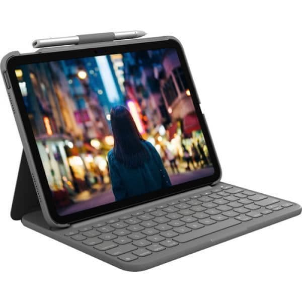 Trådlöst tangentbord - LOGITECH - Slim Folio - QWERTZ Tyska - Oxfordgrå - för iPad 10,2"
