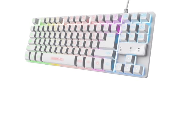 Trust GXT 833W THADO - Tangentbord - kompakt, metall, RGB-belysning - 80% - TKL - bakgrundsbelyst - USB - QWERTY - Nordisk - vit - detaljhandel - låd