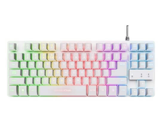 Trust GXT 833W THADO - Tangentbord - kompakt, metall, RGB-belysning - 80% - TKL - bakgrundsbelyst - USB - QWERTY - Nordisk - vit - detaljhandel - låd