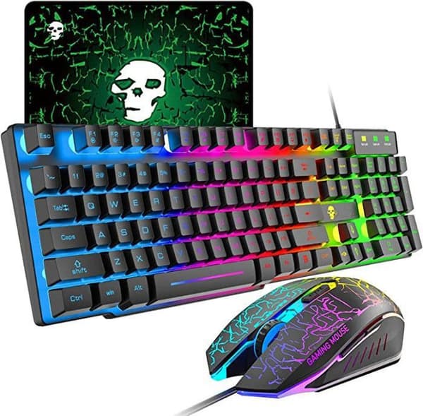 Rainbow Bakgrundsbelyst USB Gaming Tangentbord + 2400 DPI LED Gaming Mouse 6 knappar + Musmatta Svart
