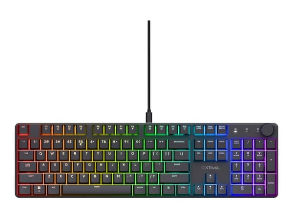 Trust GXT 866 TORIX - Tastatur - mekanisk RGB-belysning - 100% - full size - med roterende koder - bakgrunnsbelyst - USB - QWERTY - Nordisk - tastsvi Sort