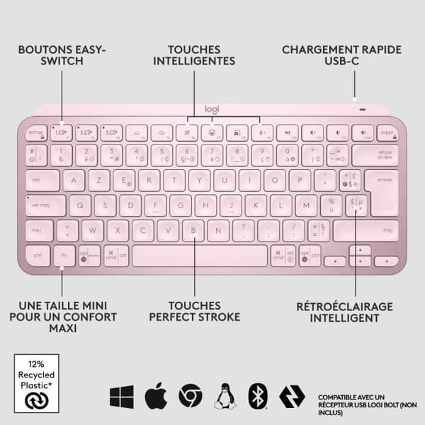 Tangentbord - Trådlöst - Logitech - MX Keys Mini - bakgrundsbelyst - AZERTY - Rosa