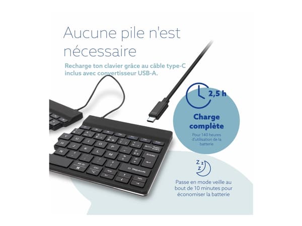 R-Go Ergonomic Keyboard Split break - Tastatur - with integrated break indicator - trådløs - Bluetooth 5.0 - AZERTY - Fransk - svart