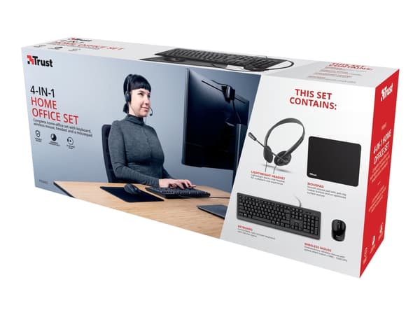 Trust Primo 4-in-1 Home Office Set - Sett med tastatur, mus, hodetelefon og musepute - USB