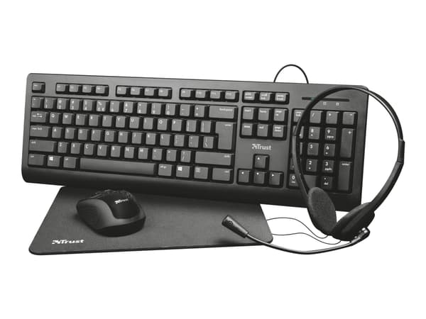 Trust Primo, Täysikokoinen (100 %), USB, QWERTY, Musta, Sisältää hiiren musta
