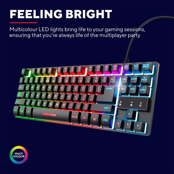 Trust Gaming GXT 833 Thado Compact Wired TKL RGB gamer-tangentbord, flerfärgad LED-belysning, fransk QWERTY
