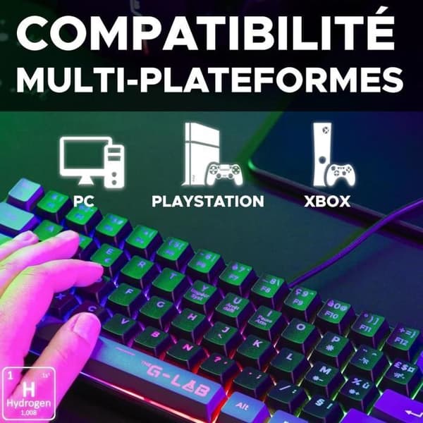 Gamingtangentbord - The G-Lab - KEYZ HYDROGEN - 60 % kompakt format - Bakgrundsbelyst - Kabelansluten - Svart/grå