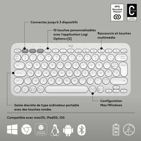 Bluetooth-tangentbord med tabletthållare Logitech K380 Franska Vit AZERTY