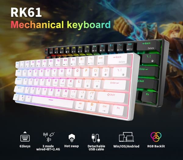 RK ROYAL KLUDGE RK61 Trådlöst 60 % trippelläge mekaniskt tangentbord BT5.0/2.4G/USB-C med programvara