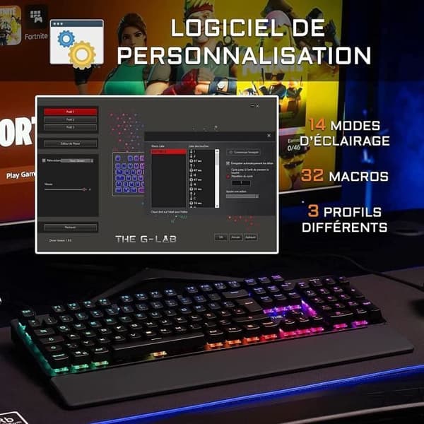 Speltangentbord - The G-Lab - KEYZ RUBIDIUM - Mekanisk (röd switch) - Handledsstöd - RGB - Trådbunden - Azerty - Svart