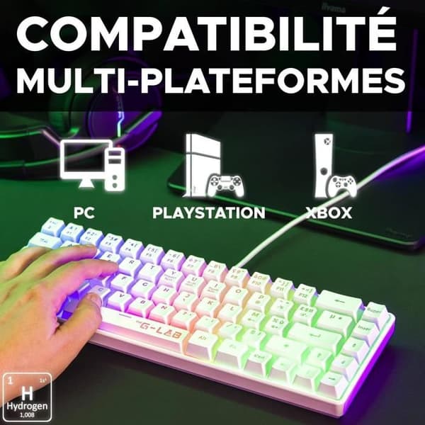 Speltangentbord - G-Lab - KEYZ HYDROGEN - 60 % kompakt format - Bakgrundsbelyst - Kabelansluten - Vit