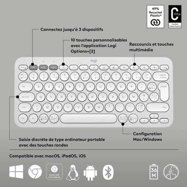 Tangentbord - Trådlöst - Logitech - Pebble Keys 2 K380s - Lättbyteknapp - Vit