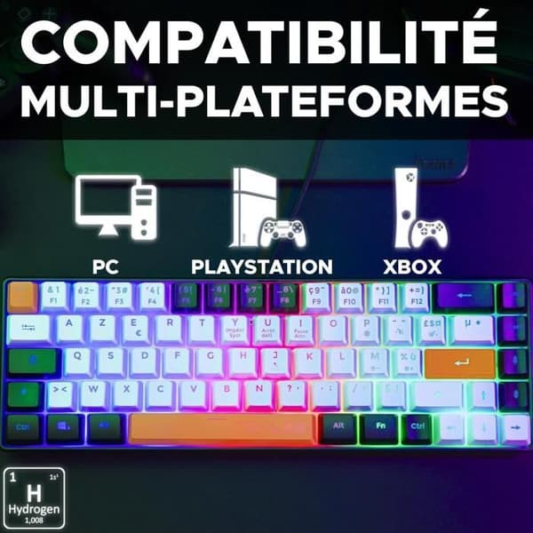 Speltangentbord - G-Lab - KEYZ HYDROGEN - 60 % kompakt format - Bakgrundsbelyst - Kabelansluten - Svart/Vit/Orange