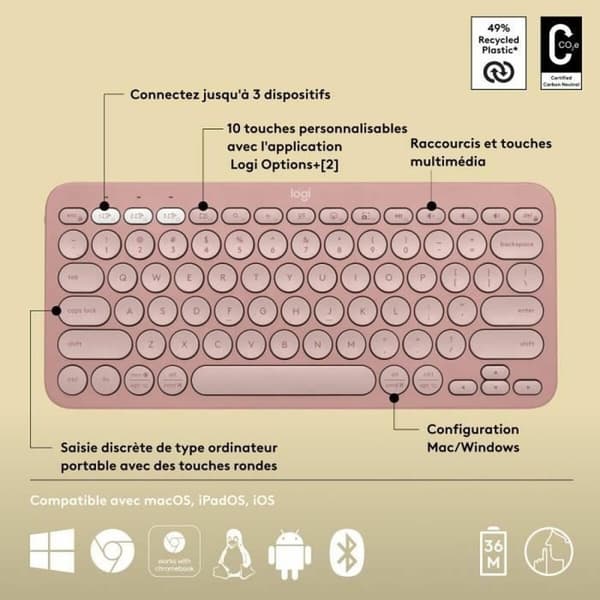 Bluetooth-näppäimistö ja tabletin tuki Logitech K380 Ranska Pinkki AZERTY