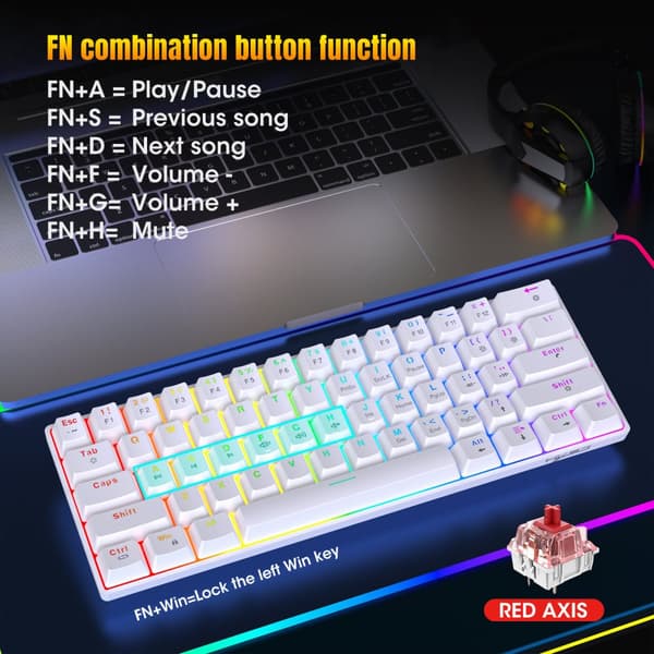 INF Mekaniskt tangentbord med 61 tangenter - Vit (trådbundet + trådlöst + Bluetooth) 0