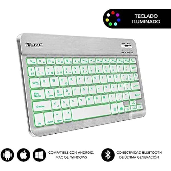 SUBBLIM Bluetooth-tangentbord med surfplattahållare SUB-KBT-SMBL30 Spansk QWERTY Svart/Vit Flerfärgad Spanska