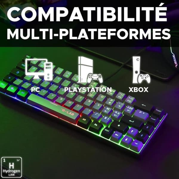 Gamingtangentbord - The G-Lab - KEYZ HYDROGEN - 60 % kompakt format - Bakgrundsbelyst - Kabelansluten - Svart/grå