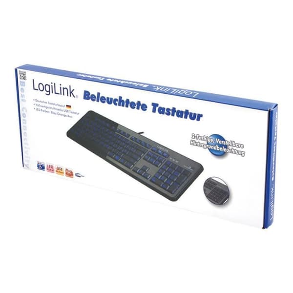 Bakgrundsbelyst tangentbord - LogiLink - USB - Tyska - Svart - Trådbunden