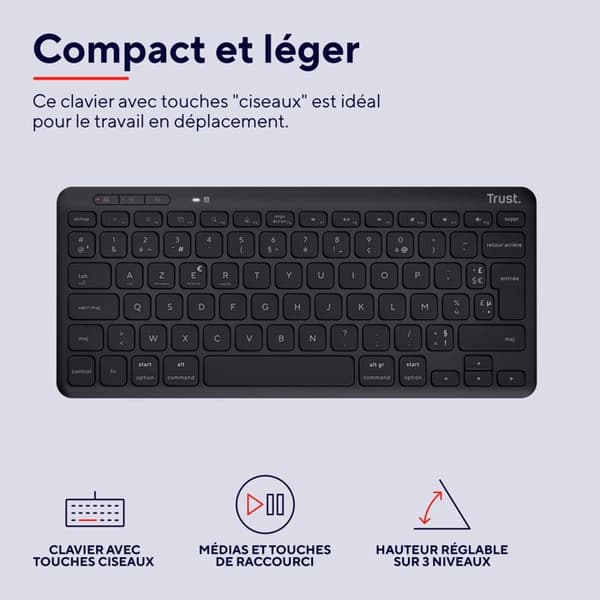 Trust Lyra AZERTY Bluetooth-tangentbord för flera enheter, 85 % återvunnen plast, laddningsbart batteri, kompakt tangentbord - svart