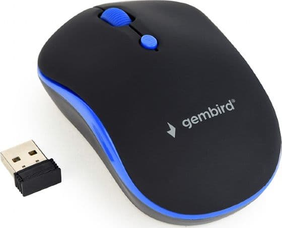 Gembird MUSW-4B-03-B - Mus - optisk - 4 knappar - trådlös - 2.4 GHz - trådlös USB-mottagare - svart, blå - blåsa