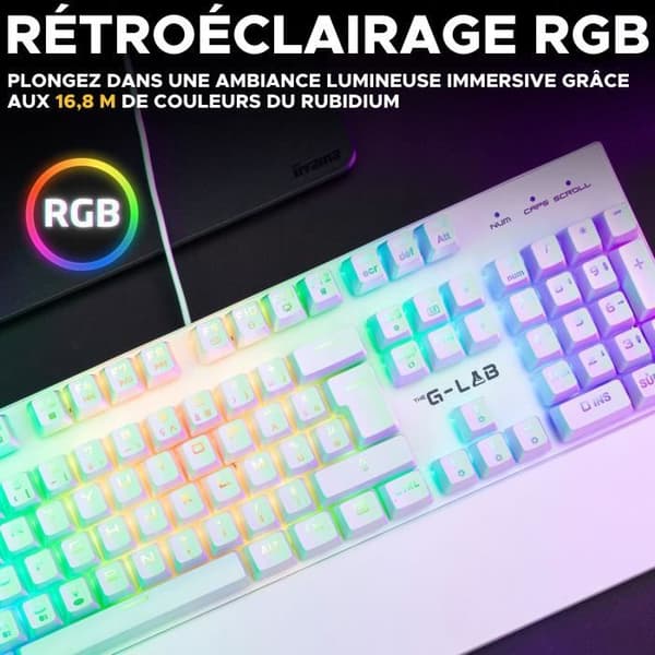 Speltangentbord - The G-Lab - KEYZ RUBIDIUM - Mekanisk (röd switch) - Handledsstöd - RGB - Trådbunden - Azerty - Vit