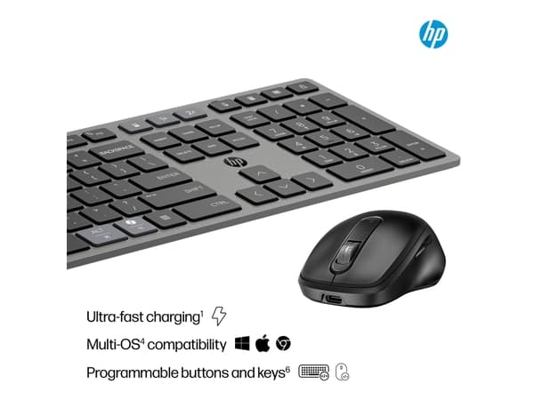 HP 725 laddningsbart trådlöst tangentbord och mus kombinerat för flera enheter, Fullstor (100 %), Trådlös, Trådlös RF + Bluetooth, Saxbrytare, Svart,