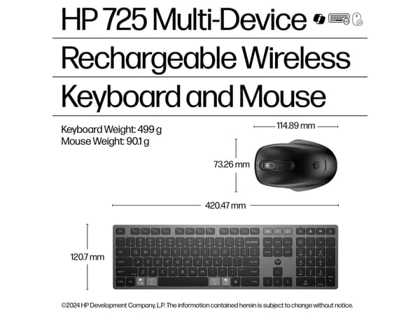 HP 725 laddningsbart trådlöst tangentbord och mus kombinerat för flera enheter, Fullstor (100 %), Trådlös, Trådlös RF + Bluetooth, Saxbrytare, Svart,