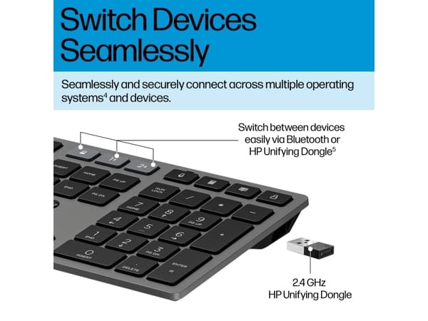 HP 725 laddningsbart trådlöst tangentbord och mus kombinerat för flera enheter, Fullstor (100 %), Trådlös, Trådlös RF + Bluetooth, Saxbrytare, Svart,