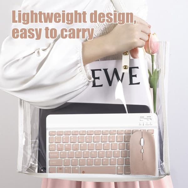 INF Bluetooth-tastatur og -muskombinasjon - 10-tommers oppladbart trådløst tastatur- og musesett med etui (rosa)