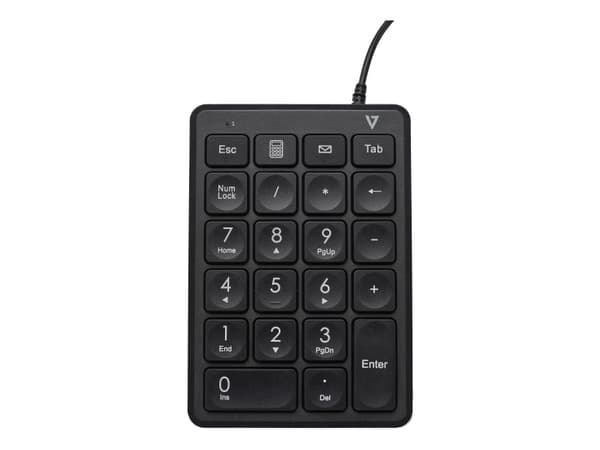 V7 KP350 USB Wired Numeric Keypad - 22 Key - Calculator, Tab, Backspace Shortcut Keys - 6ft Cable - USB Type A - Keyboard , Notebook, Laptop - Black musta
