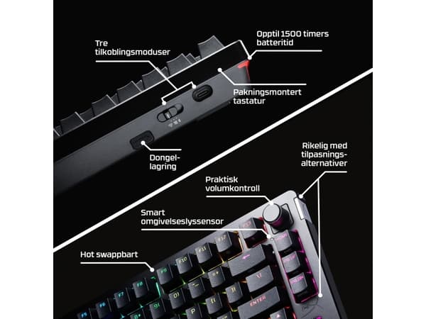 HyperX Alloy Rise - Tangentbord - 1000 Hz avlyssningsfrekvens, 100% anti-ghosting, 80 miljoner tangentryck - 75% - bakgrundsbelysning - trådlös - 2.4