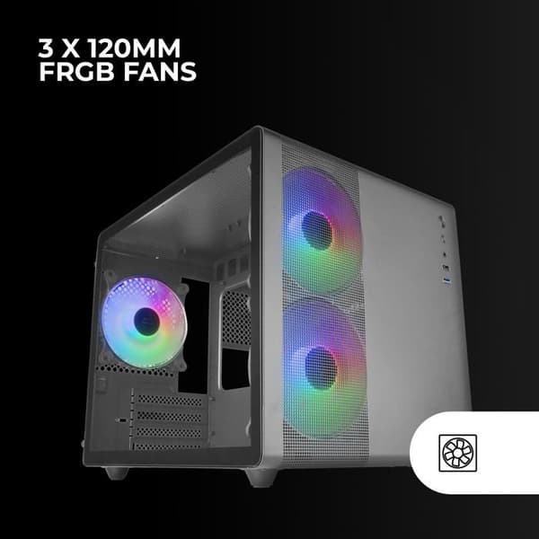 Mars Gaming MC-400 svart, kompakt Micro-ATX-spelfodral, sidofönster i helhärdat glas, 3x 120 mm FRGB-fläktar,