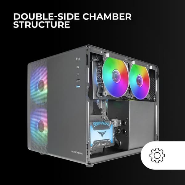 Mars Gaming MC-400 svart, kompakt Micro-ATX-spelfodral, sidofönster i helhärdat glas, 3x 120 mm FRGB-fläktar,