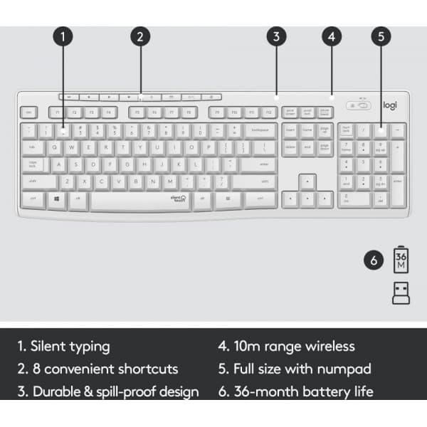 Logitech MK295 -näppäimistö ja hiiri, valkoinen