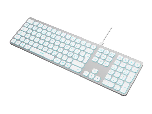 DELTACO TB-904 - Tangentbord - low profile, aluminum - full size - bakgrundsbelyst - USB, USB-C - QWERTY - Nordisk - silver, vit