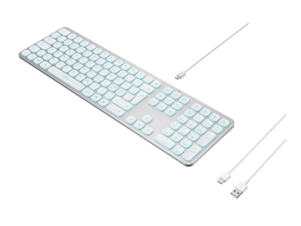 DELTACO TB-904 - Tangentbord - low profile, aluminum - full size - bakgrundsbelyst - USB, USB-C - QWERTY - Nordisk - silver, vit